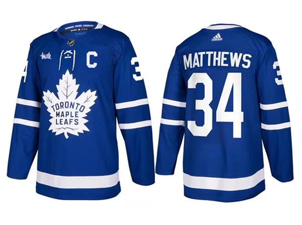 Men's Blue Toronto Maple Leafs #34 Auston Matthews With C & Milk Patch Stitched Jersey